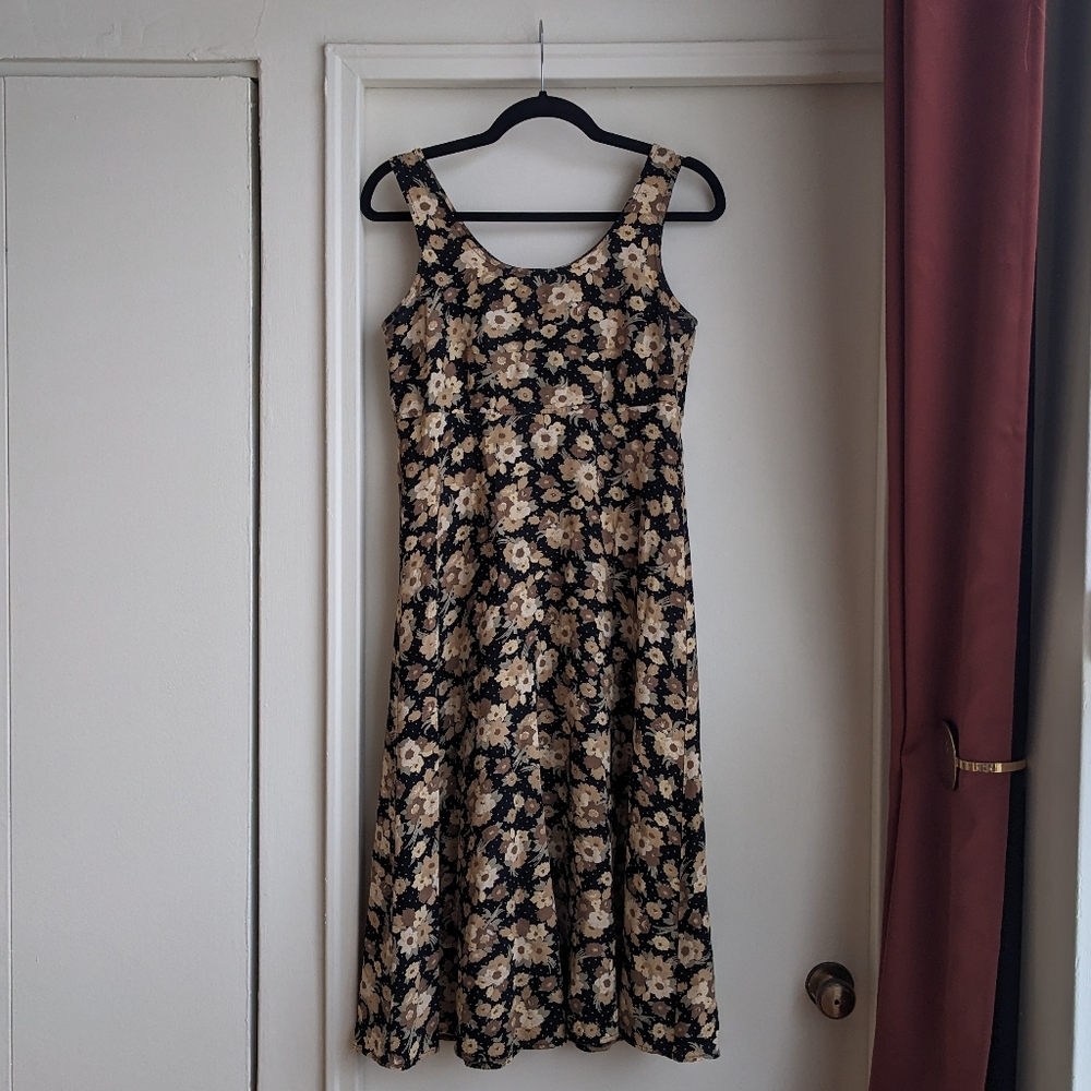 Vintage 90s Neutral Floral and Polka Dot Midi Dress
